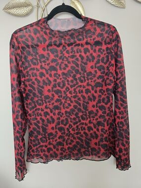 Red Leopard Sheer Long-Sleeve Tee Size L Y2K
